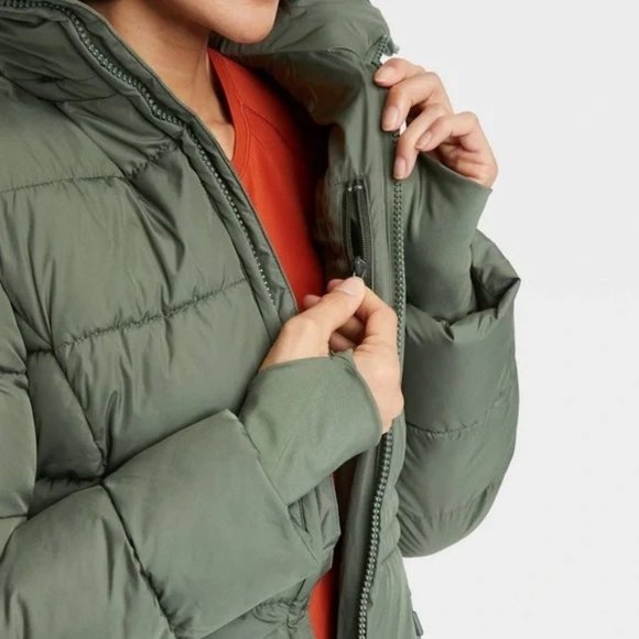 All in Motion Women’s Long Puffer Jacket w/ tuck away hoodie- olive gray - Picture 4 of 9